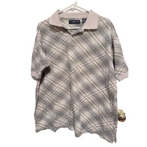 Ron Chereskin Men's  Polo Large Plaid Blue Tan Cotton Short Sleeve 2 Button Golf